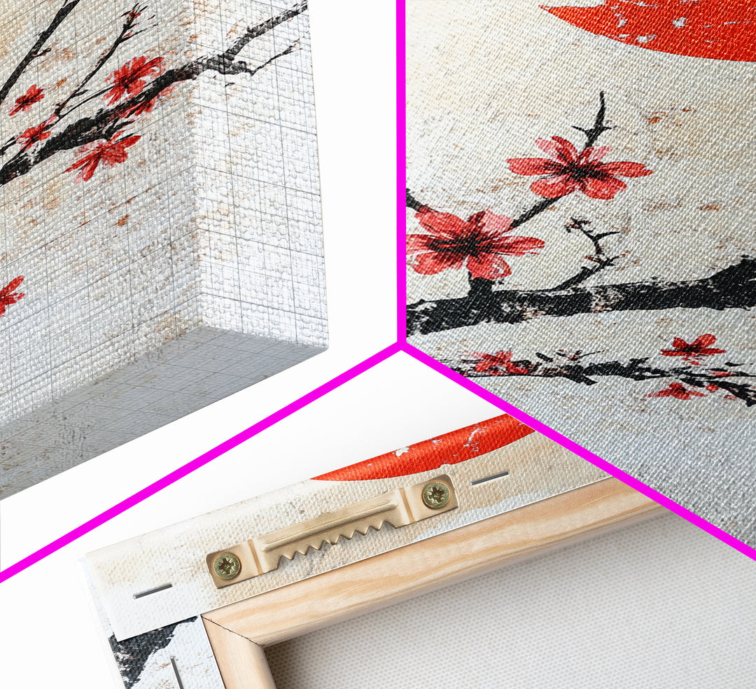 Cherry Blossoms and Sunset Framed Canvas Print - Minimalist Wabi Sabi Wall Art - Cherry Blossoms Painting - Home Decor - Japanese Style Art