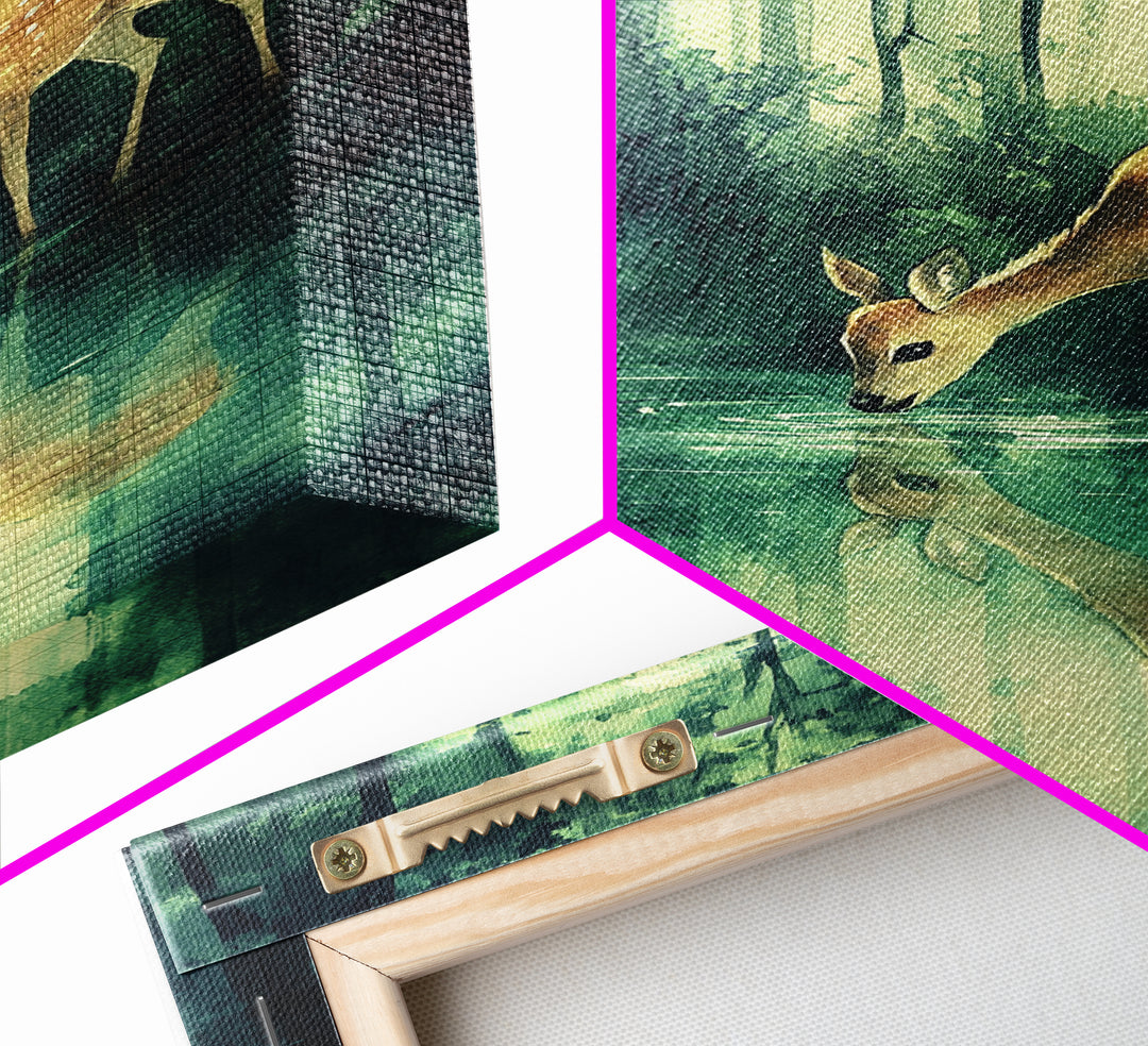 Young Deer Drinking Water In The Forest Painting Print, Wood Framed Canvas, Animal Prints, Nursery Decor, Framed Wall Art Home Decor