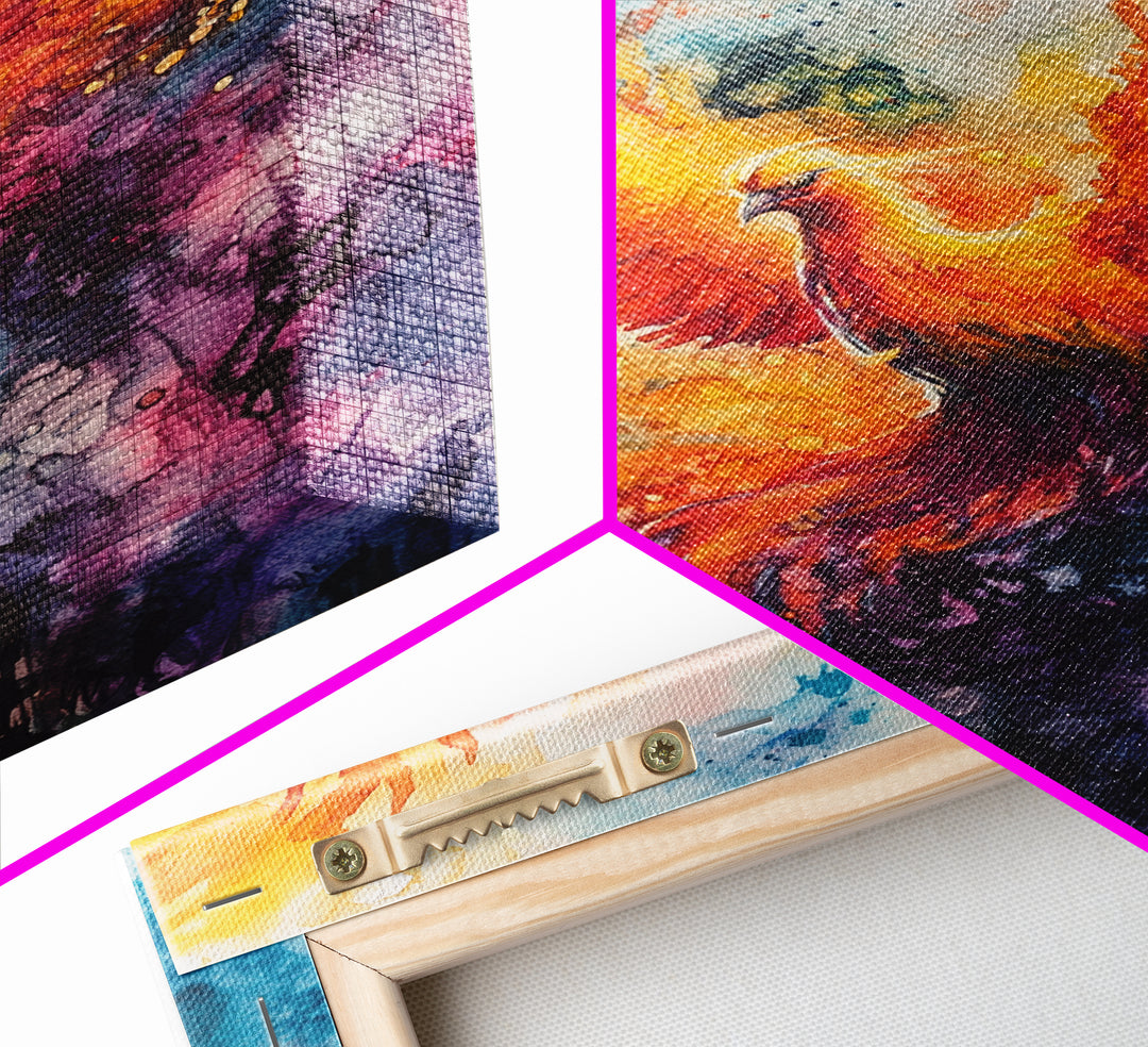 Rising Phoenix Canvas Print Wall Art - Majestric Watercolor Painting On Vertical Canvas, Framed and Ready To Hang, Hardware Included