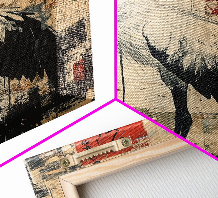 Blue Heron Wall Art Framed Canvas Print Ready To Hang, Japanese Style Wabi Sabi Art, Coastoal Decor