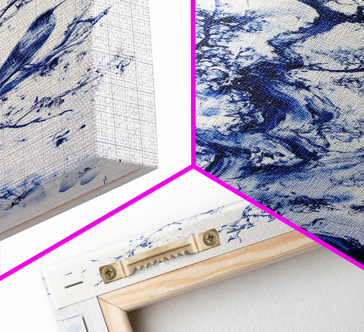 Chinoiserie Wall Art Framed Canvas Print, Blue Tree and Birds, Botanical Print, Birdwatcher Gift Idea, Chinoiserie Style Painting