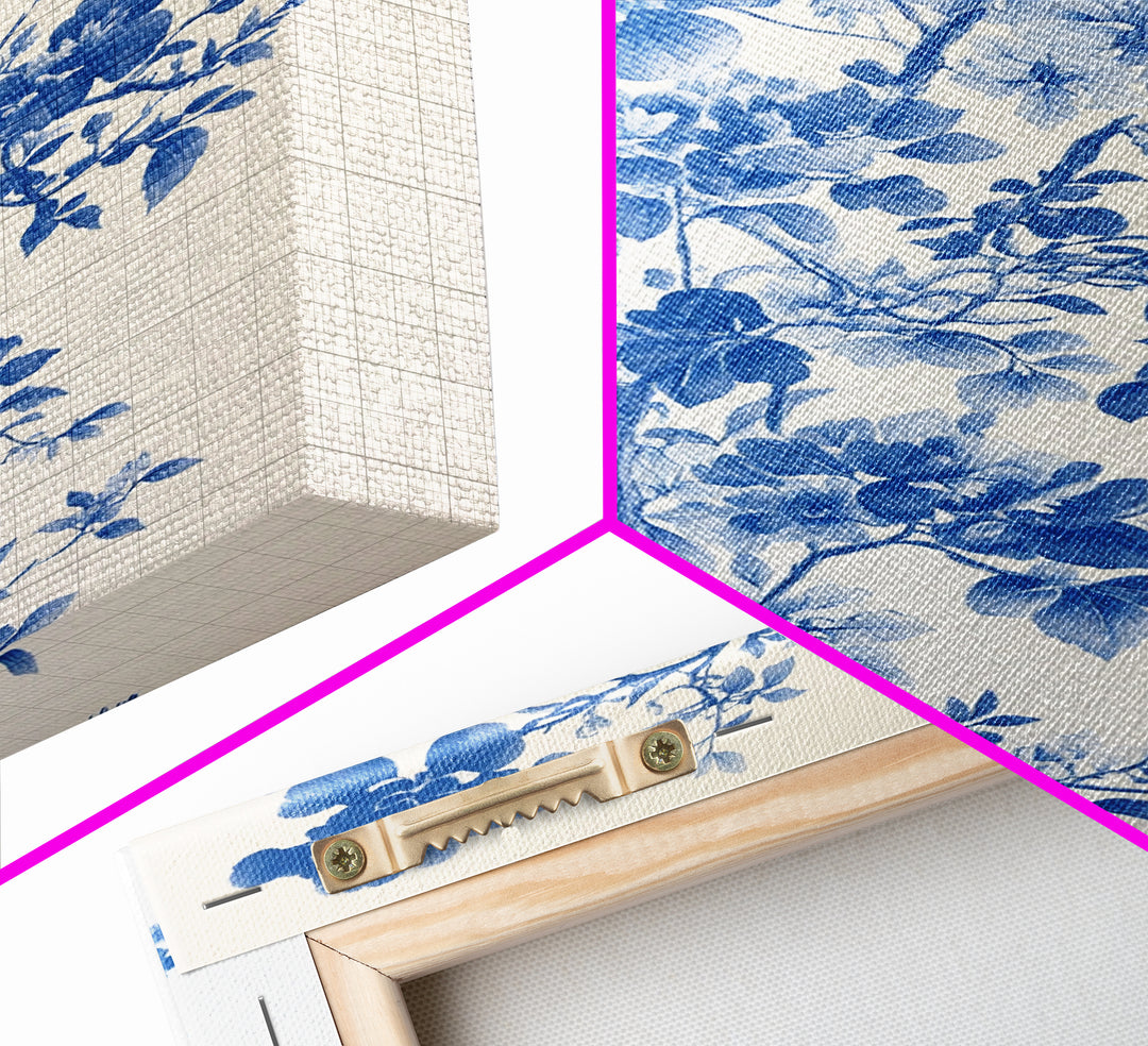 Blue Floral Print, Chinoiserie Wall Art, Framed Canvas, Canvas Art Home Decor, Chinoiserie Style Painting