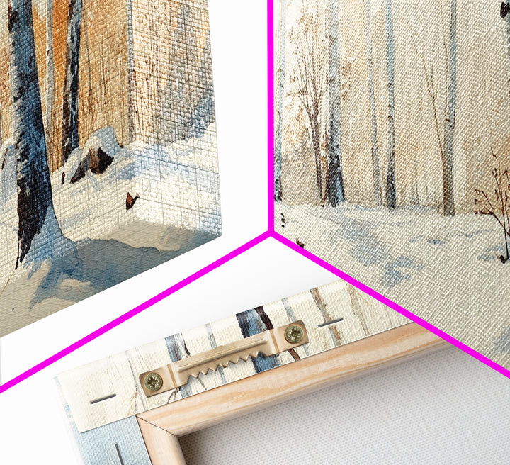 Birch Tree Forest In The Snow Covered Winter Framed Canvas Print, Panoramic Wall Art, Original Birch Tree Art, Birch Tree Painting, Horizontal Art