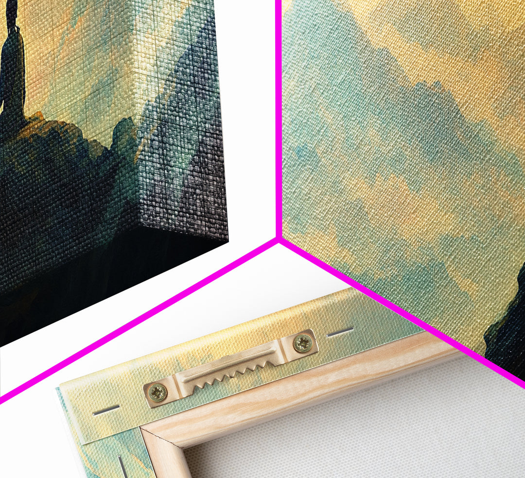 Buddha Meditating On The Mountain Framed Canvas Print, Zen Wall Art, Meditation Room Decor, Yoga Studio Decor, Panoramic Buddha Painting