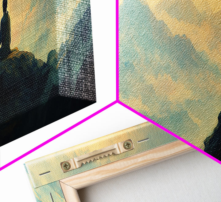 Buddha Meditating On The Mountain Framed Canvas Print, Zen Wall Art, Meditation Room Decor, Yoga Studio Decor, Panoramic Buddha Painting