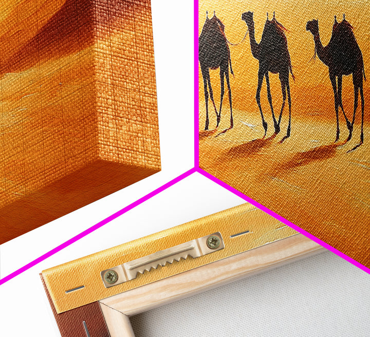 Camels in the desert Framed Canvas Print, Desert Painting, Desert Wall Art, Southwestern Decor, Minimalist Decor, Orange Hues Art