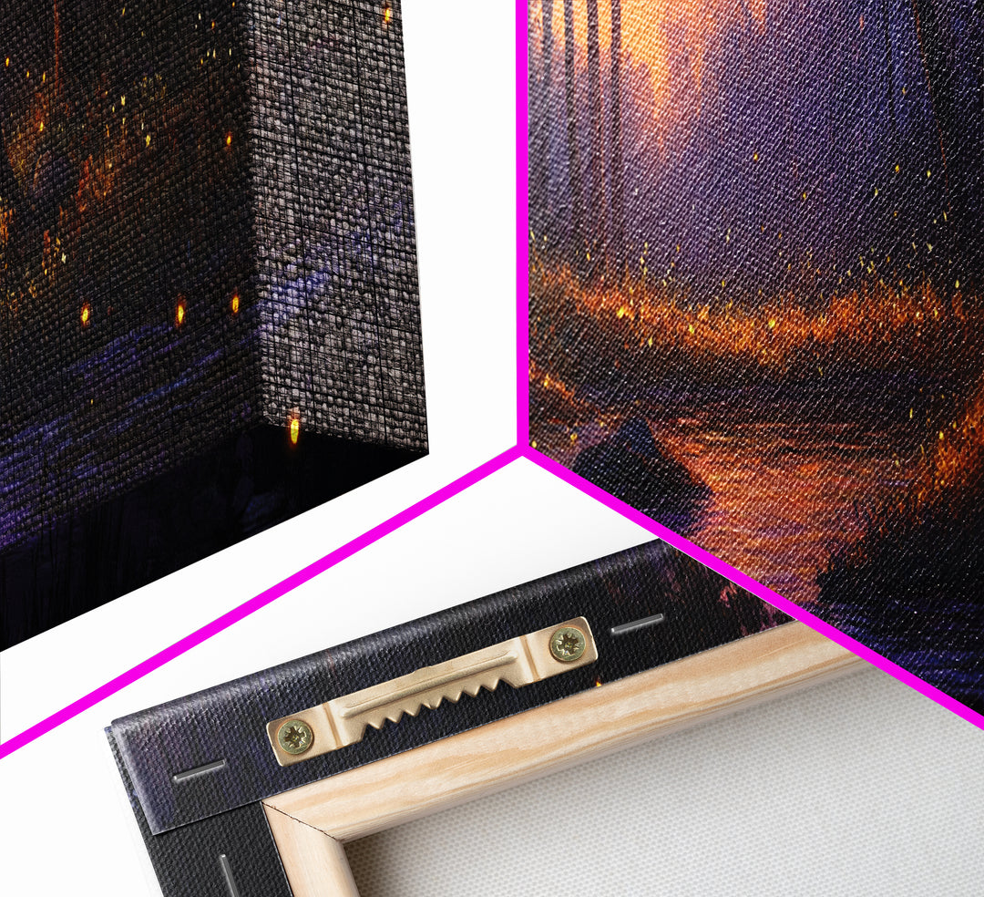 Panoramic Fantasy Forest Canvas Print, Fireflies Light Up The Night Sky in A Fantasy Forest,  Fantasy Painting
