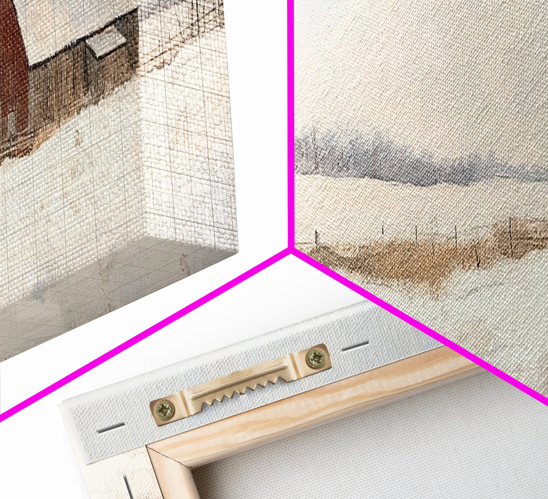 Barn Landscape Oil Painting Print - Retro Farm Wall Art - Village Wall Art - Old Red Barn In Winter - Winter Landscape - Winter Centerpiece Art