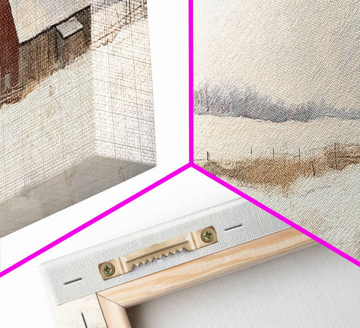 Barn Landscape Oil Painting Print - Retro Farm Wall Art - Village Wall Art - Old Red Barn In Winter - Winter Landscape - Winter Centerpiece Art