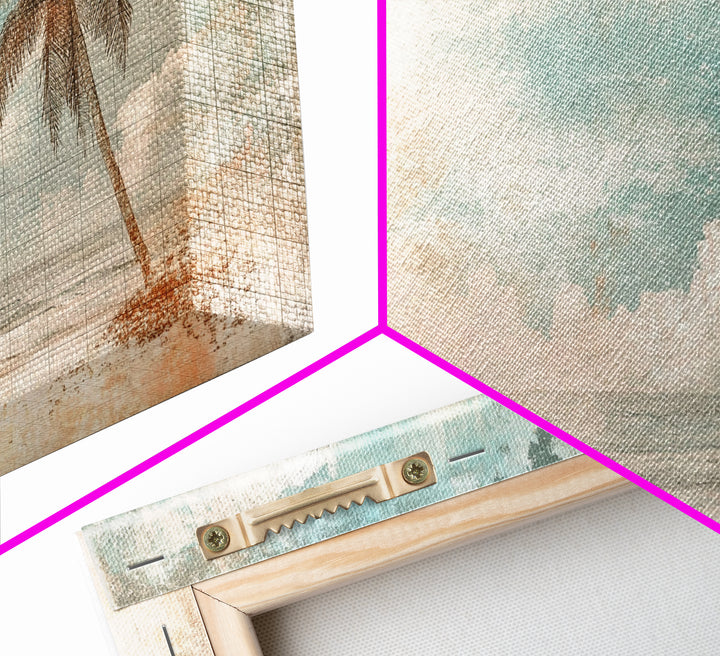 Distressed Painting Print of a Lone Palm Tree on a Beach, Framed Canvas Print, Retro Nautical Landscape Painting, Beach Wall Art, Beach Print