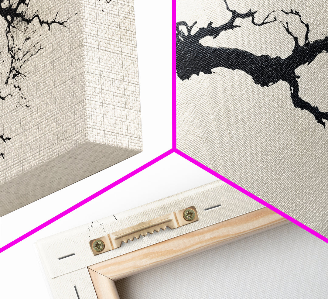 Black and White Wall Art, Framed Canvas Print, Dead Branch Painting on a Black Background, Charcoal Sketch, Charcoal Painting Wall Art