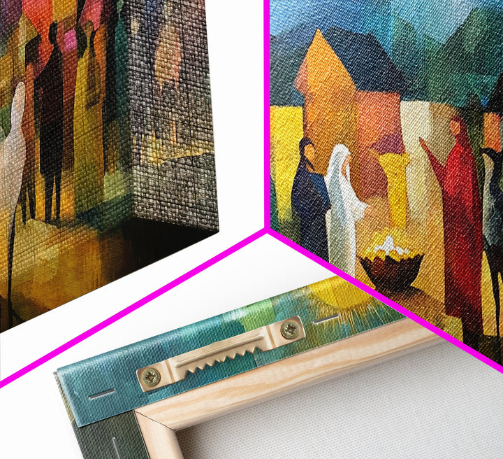 Christmas Nativity Scene Art Print - Framed WalL Art Canvas Print - Mary, Joseph and Baby Jesus in Bethlehem Abstract Oil Painting Print