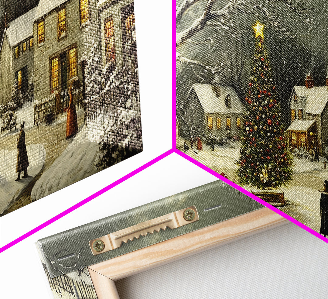 Bustling Christmas Street Scene Oil Painting Canvas Print, Snowy Holiday Night, Festive Victorian Christmas Village Oil Painting, Christmas Decor