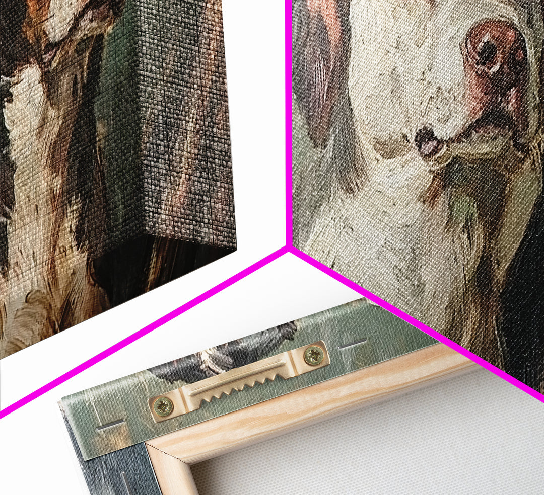 Cute Hunting Dogs Framed Canvas Print, Hunting Dogs Oil Painting, Modern Farmhouse, Traditional Home Decor, Rustic Wall Art, Dog Lover Gift