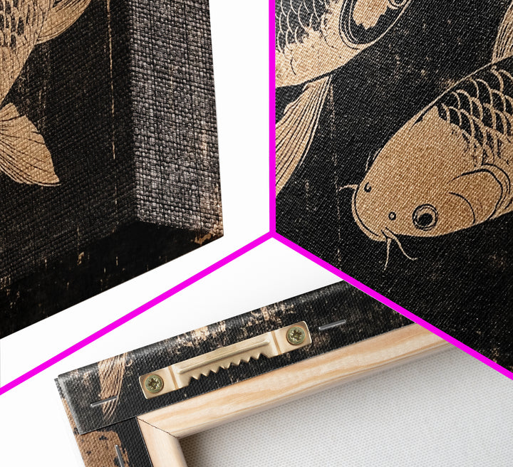 Black and White Koi Fish Oil Painting Print, Elegant Japanese Style Wood Block Print Artwork, Canvas Print Ready To Hang, Centerpiece Art