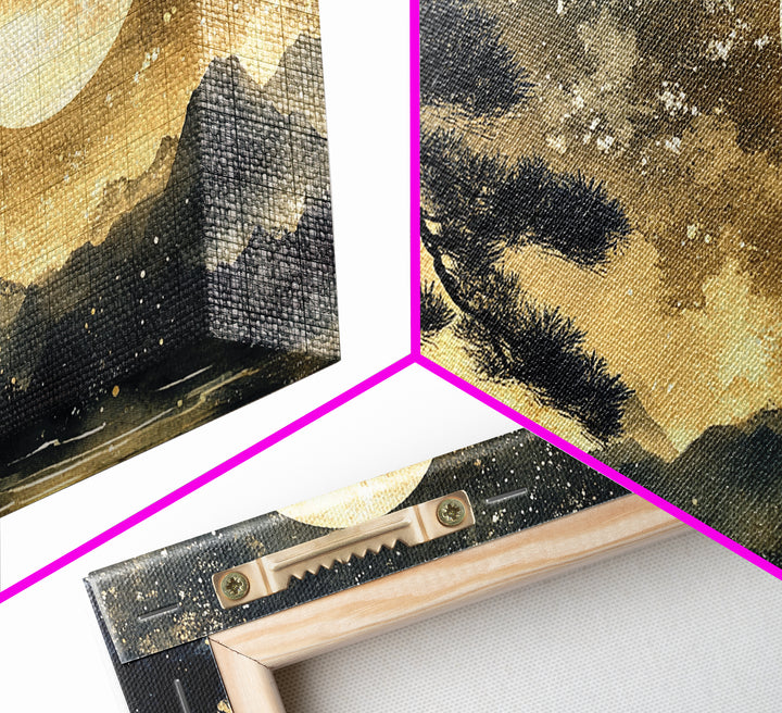 Bonzai Tree Under a Full Moon, Framed Canvas Print Ready To Hang, Minimalist Wabi Sabi Japanese Style Artwork, Above Sofa Wall Art, Home Decor