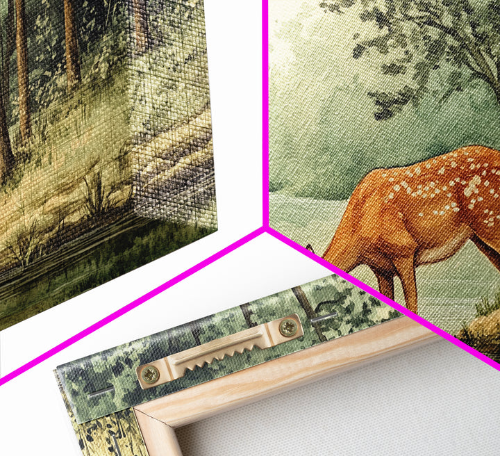 Deer Drinking Water in Forest Painting Print, Deer Painting, Cabin Decor, Cabin Wall Art, Framed Canvas Print, Nature Lover Gift, Nature Art