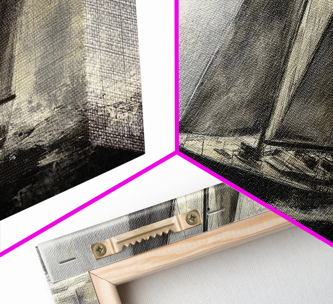 Black and White Charcoal Sketch Print of a Sailboat In a Storm, Framed Canvas Print, Nautical Wall Art, Nautical Home Decor