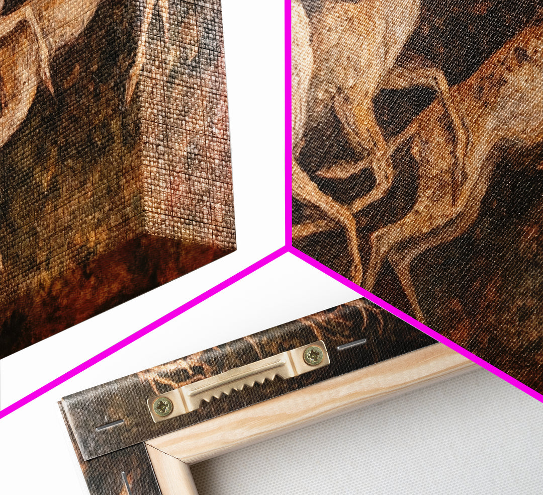 Deer In The Forest 19th Century Folk Art Style Canvas Print, Folk Art Oil Painting Print, Liminal Art, Abstract Painting Home Decor