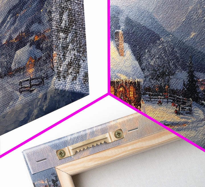 Christmas Mountain Village Oil Painting Print, Framed Canvas, Retro Christmas, Christmas Mountain Landscape Painting, Christmas Art