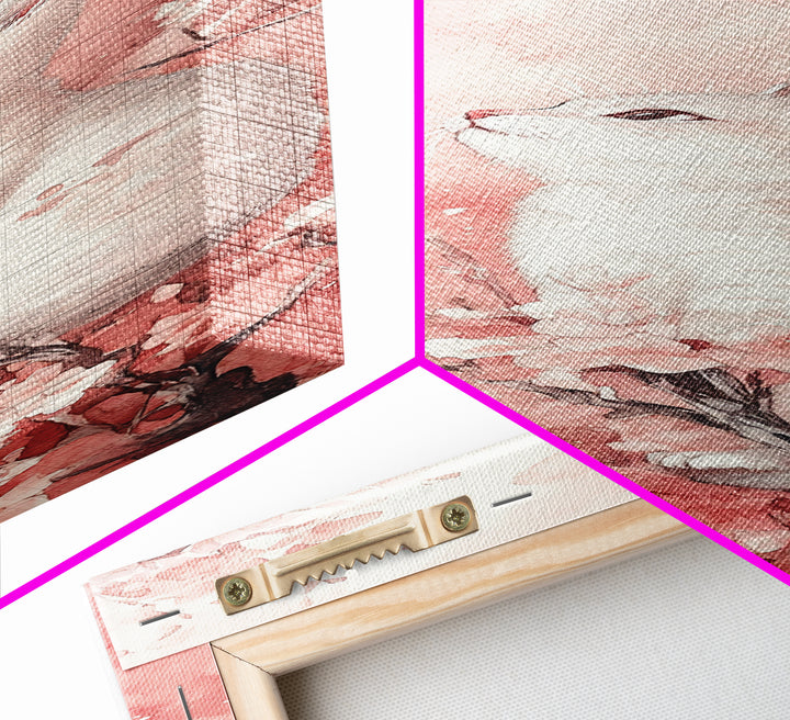 White Cat and Butterfly Canvas Print Light Pink Wall Art Cherry Blossom Painting Whimsical Art Bedroom Decor Gift Idea