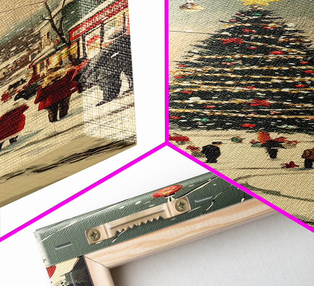 Christmas tree town square painting festive holiday decor framed canvas print, classic winter village, nostalgic seasonal wall art