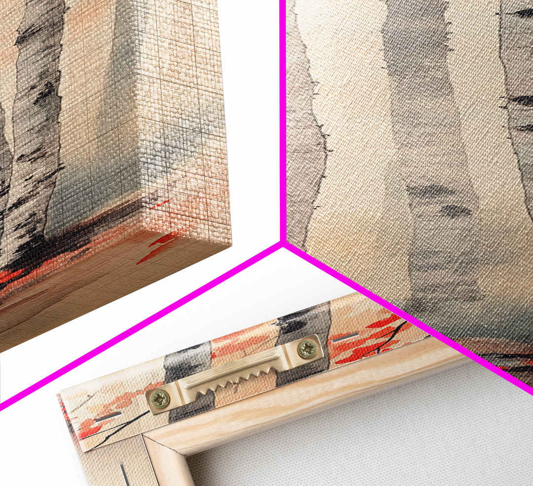 Birch Trees and Red Leaves Framed Canvas Print – Fall Vibes, Rustic Wall Art, Birch Tree Art, Cozy Autumn Theme, Living Room Art, Above Couch Decor