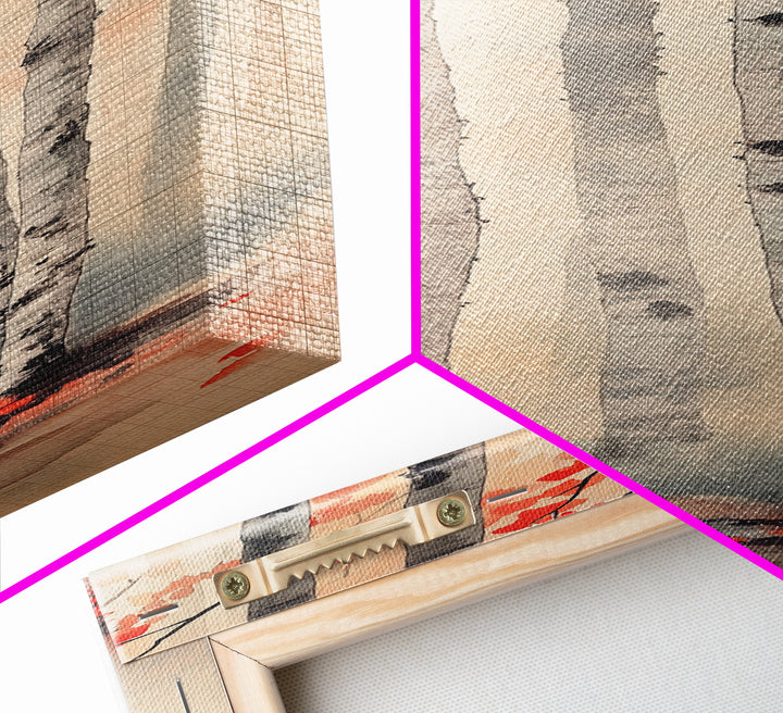 Birch Trees and Red Leaves Framed Canvas Print – Fall Vibes, Rustic Wall Art, Birch Tree Art, Cozy Autumn Theme, Living Room Art, Above Couch Decor