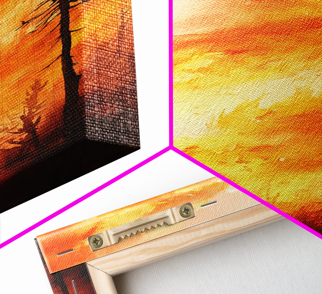 Sunset Blaze in Forest Framed Canvas Print – Dramatic Wall Art, Fiery Forest, Moody Scene, Rustic Decor, Living Room Art, Tall Narrow Art