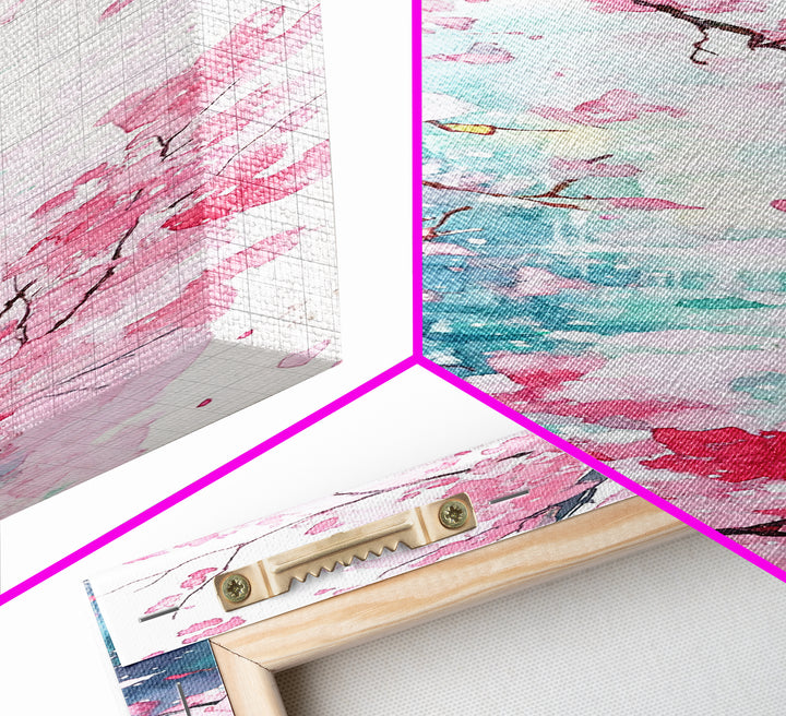 Blooming Pink Sakura Flowers Art - Framed Canvas Print for Japanese Decor, Cherry Blossom Art, Botanical Wall Decor, Pink Floral Painting