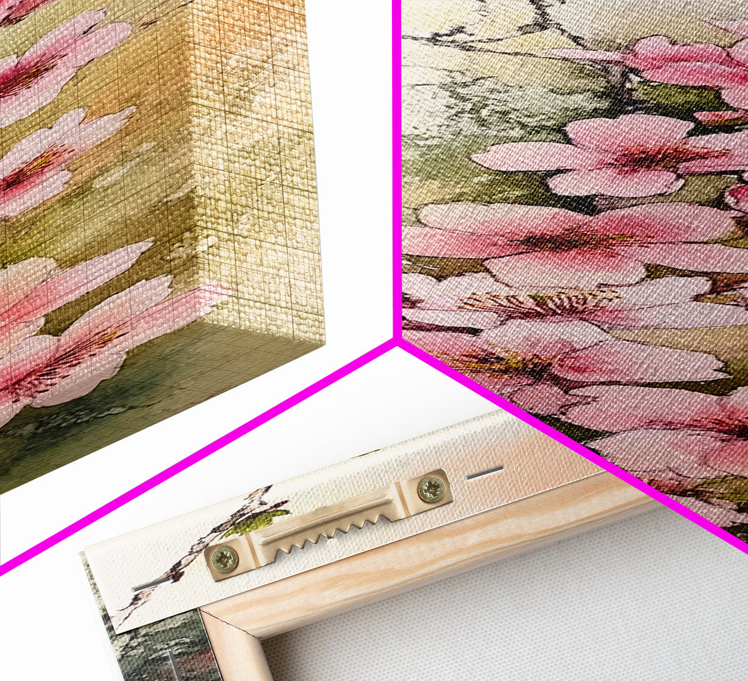 Blooming Pink Cherry Blossoms Art - Framed Canvas Print for Japanese Wall Art, Botanical Decor, Spring Bloom Painting, Nature-Inspired Print