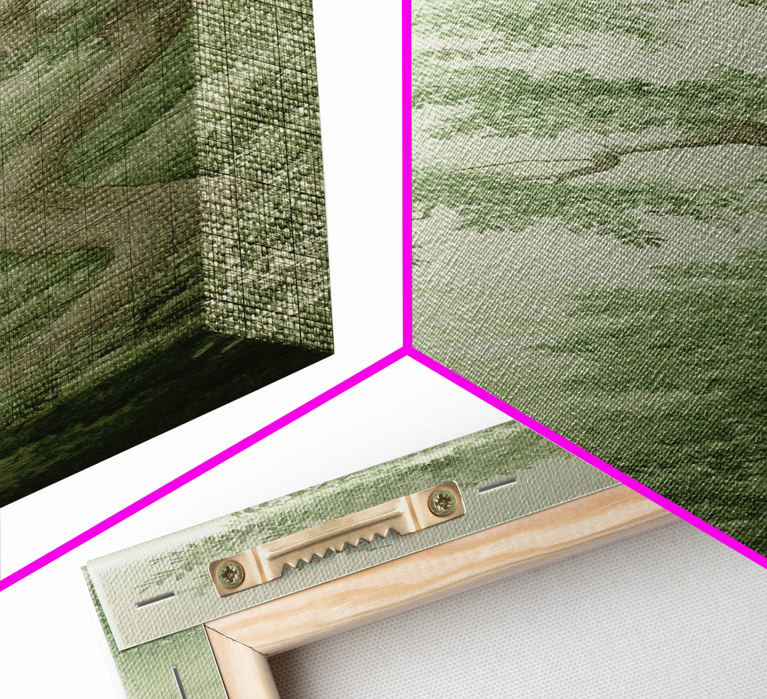Misty Green Botanical Scene - Framed Canvas Print Showcasing Wabi Sabi Art Style with Tranquil Tree Landscape