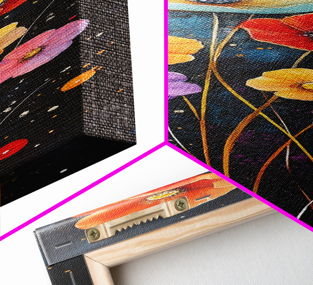 Abstract Poppy Garden Scene - Framed Canvas Print Showcasing Whimsical Florals on Dark Blue Background for Moody Decor