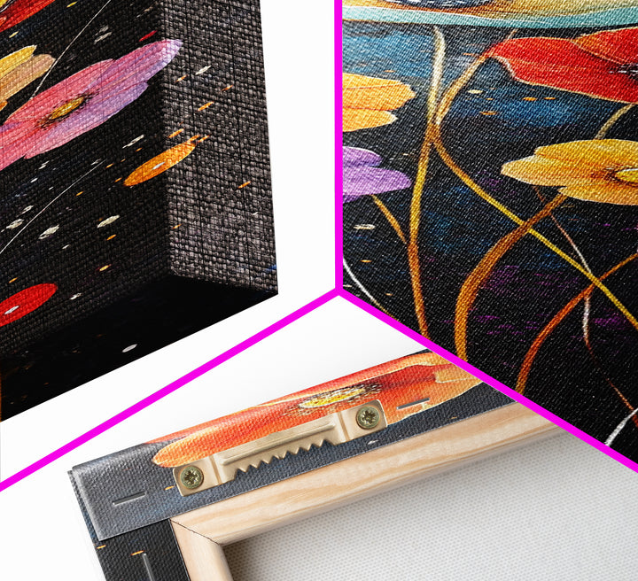 Abstract Poppy Garden Scene - Framed Canvas Print Showcasing Whimsical Florals on Dark Blue Background for Moody Decor