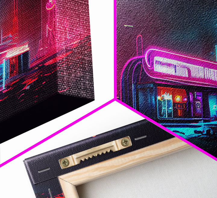 Neon Cyberpunk Diner, Retrofuturism, Framed Ready To Hang Canvas Print, beautiful wall art, guest room decor