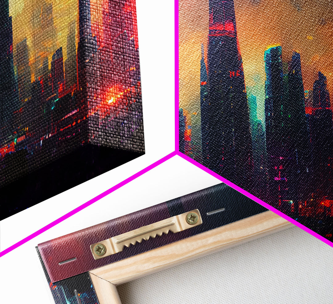 Dystopian Cyberpunk City, ready to hang canvas print wall art, framed canvas wall art, mancave wall art, Cyberpunk Art
