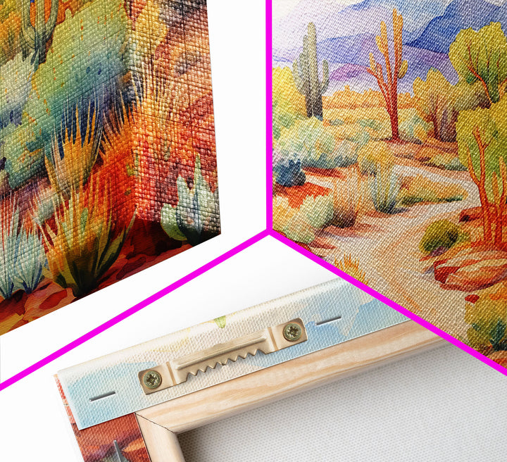 Southwestern Desert Landscape Print, Floral Print, Framed Canvas Art, Vibrant Cactus Desert Art, Mid-Century Modern, Pastel Desert Art
