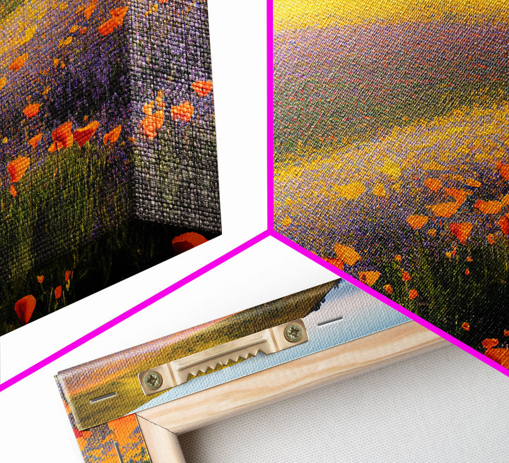 Lush Fields with Orange, Purple and Yellow Flowers, Vintage Italian Countryside, ready to hang canvas print wall art