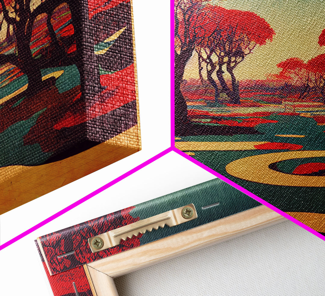 Psychedelic Crimson Red Cherry Blossom Trees, Ready To Hang Canvas Print, Framed Wall Art