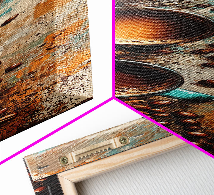 Coffee Beans and Cups Framed Canvas Print Rustic Coffee Wall Art Food Review Kitchen Art Espresso Martini Farmhouse Decor