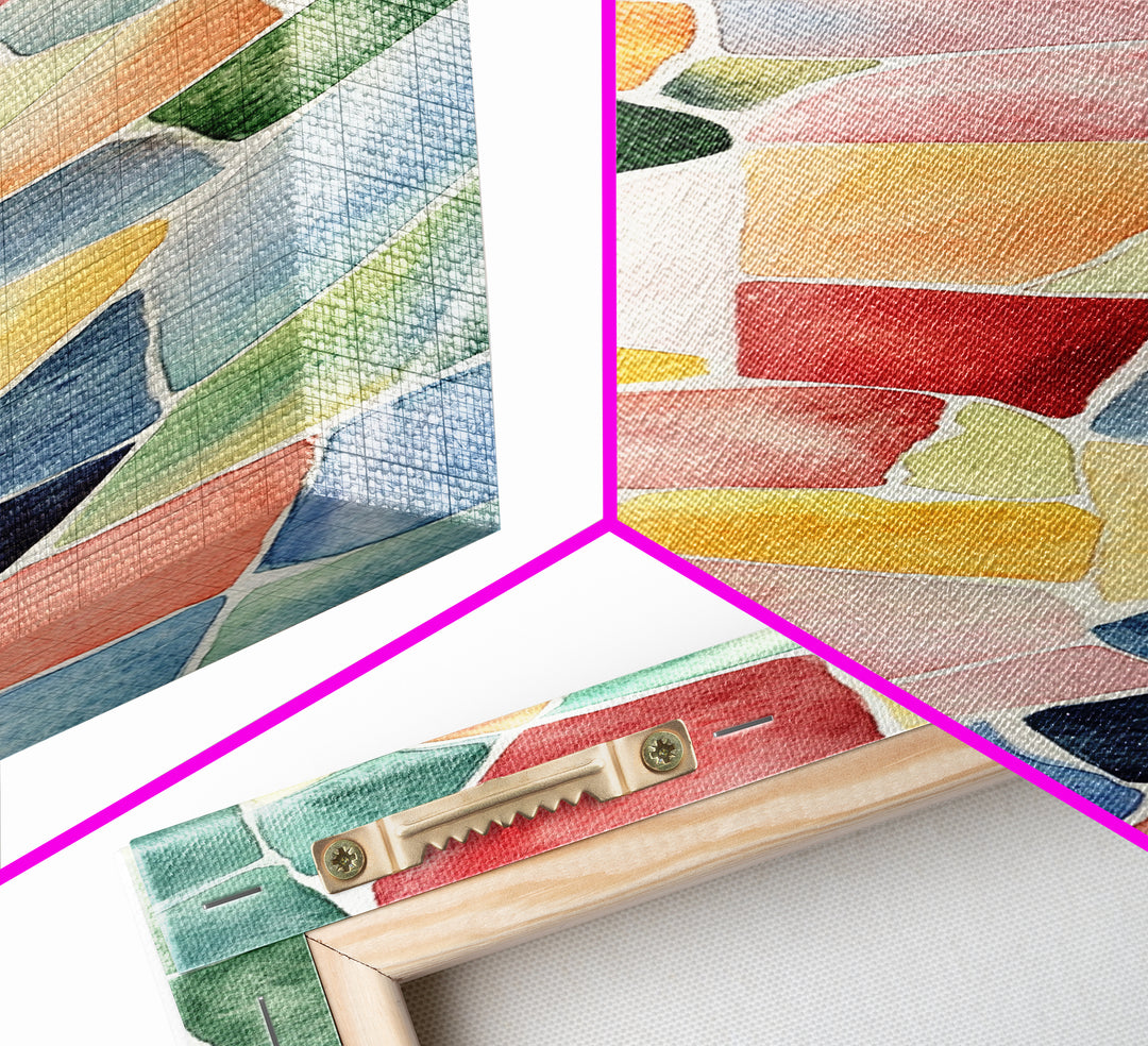 Stained Glass Mosaic Framed Canvas Print Vibrant Moroccan Wall Art Bright Geometric Long Skinny Living Room or Bedroom Decor