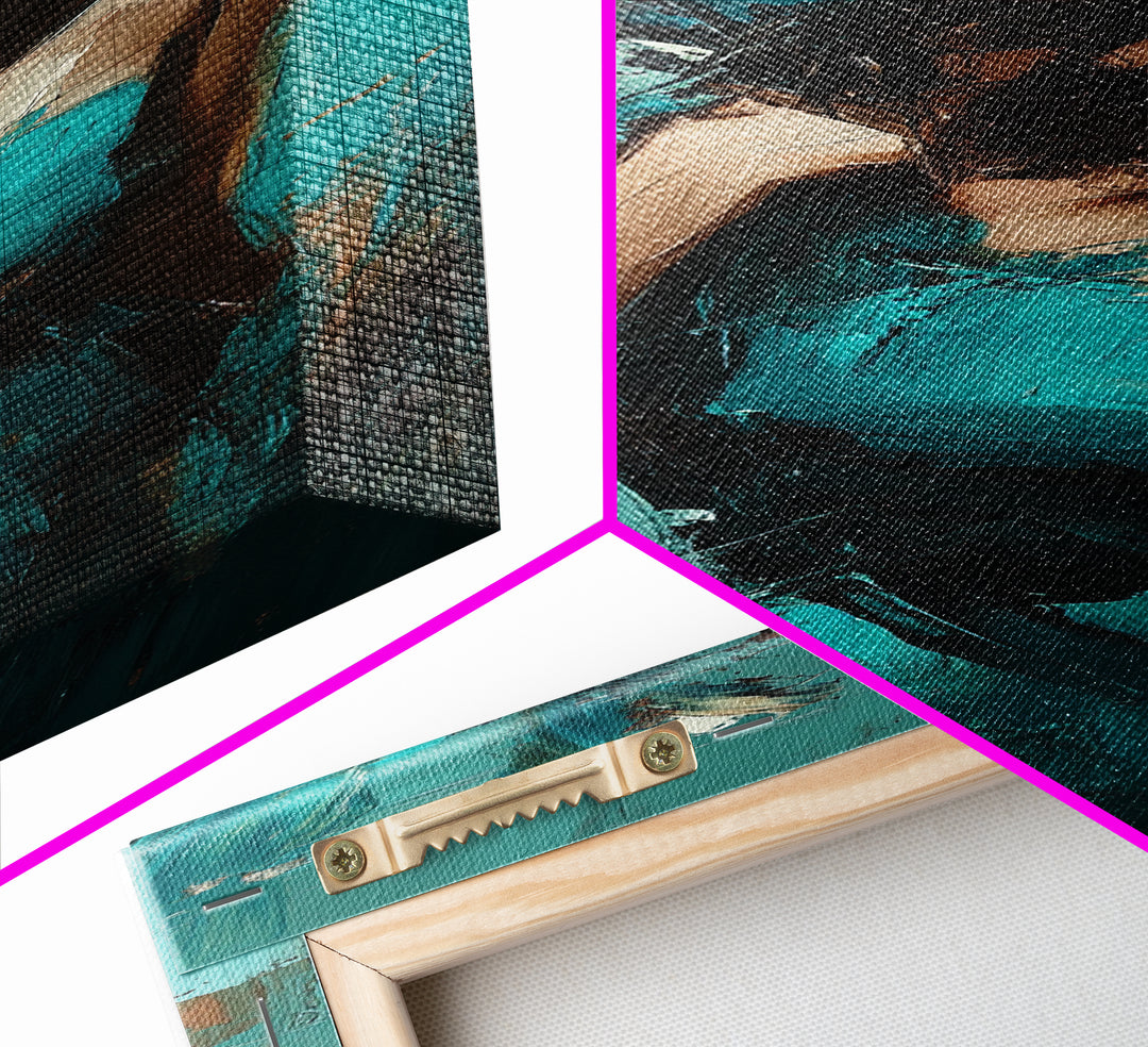 Moody Woman Framed Canvas Print in Teal, Dark Romance Painting, Moody Art, Living Room Art, Gift Idea, Vertical Wall Art
