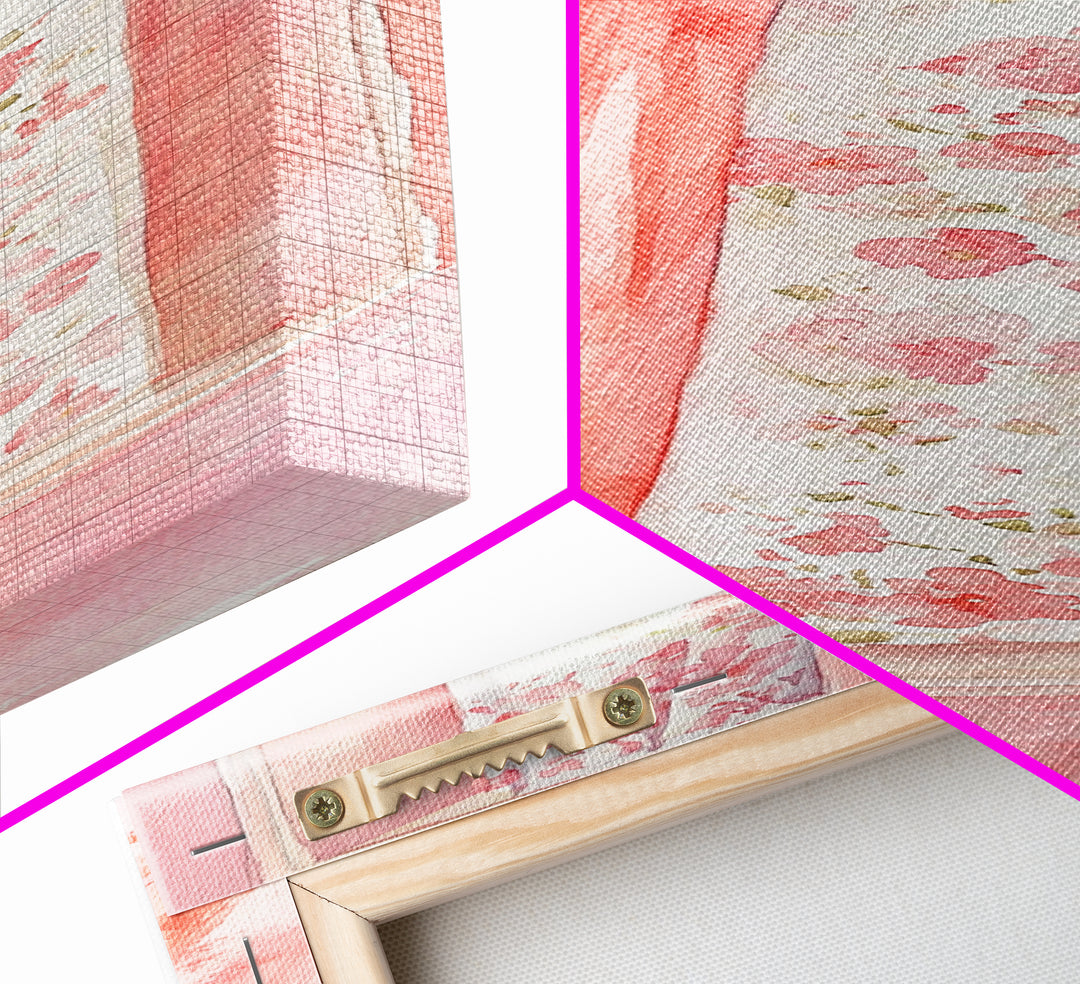 Curtain Reflection Canvas Print, soft floral vintage curtain painting with romantic pink tones, elegant tall skinny wall art for bedroom.