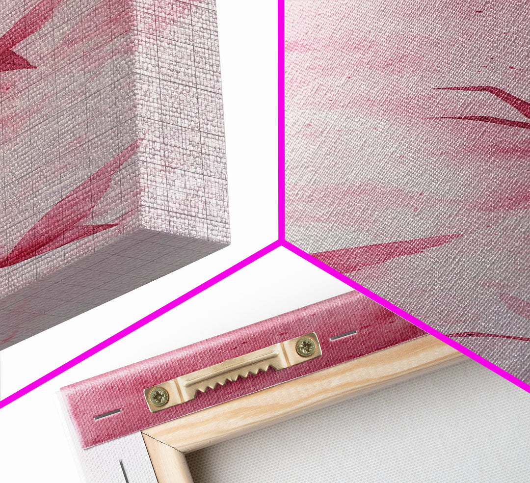 Crane Flight Canvas Print, ethereal origami bird painting in pink abstract hues, tall narrow wall art with zen minimalist aesthetic.