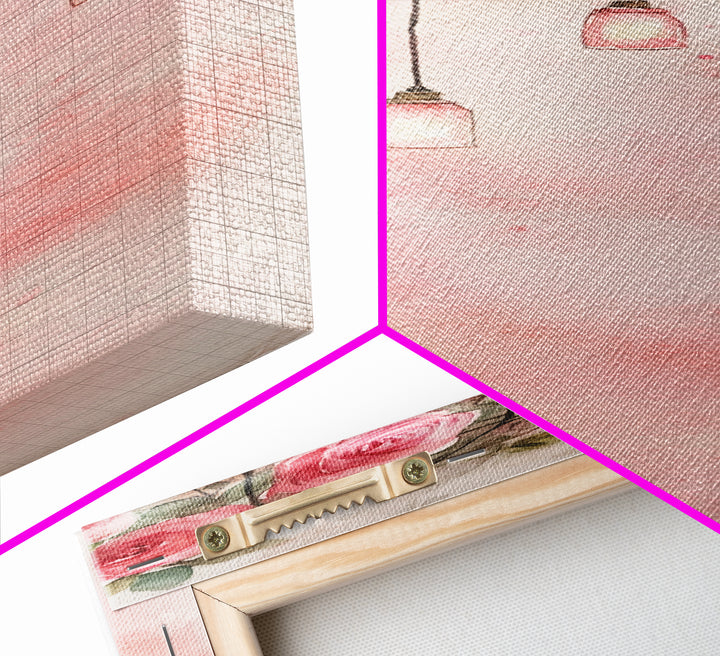 Rose Lantern Canvas Print, romantic floral and hanging lanterns painting with soft pink tones, whimsical boho wall art for bedroom decor.