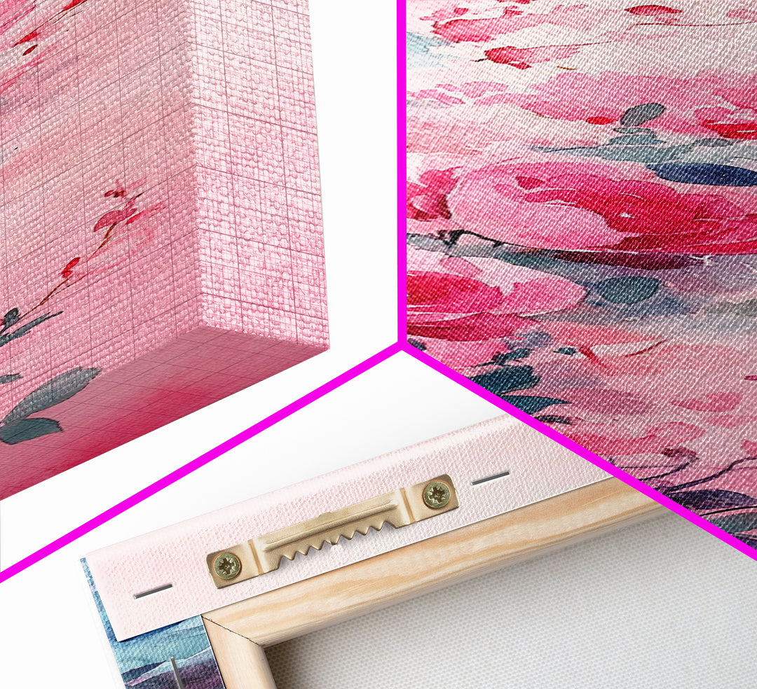 Romantic Rose Painting Framed Canvas Print with Light Pink Wall Art Featuring Cherry Blossom Details and Cozy Bedroom Decor Accents