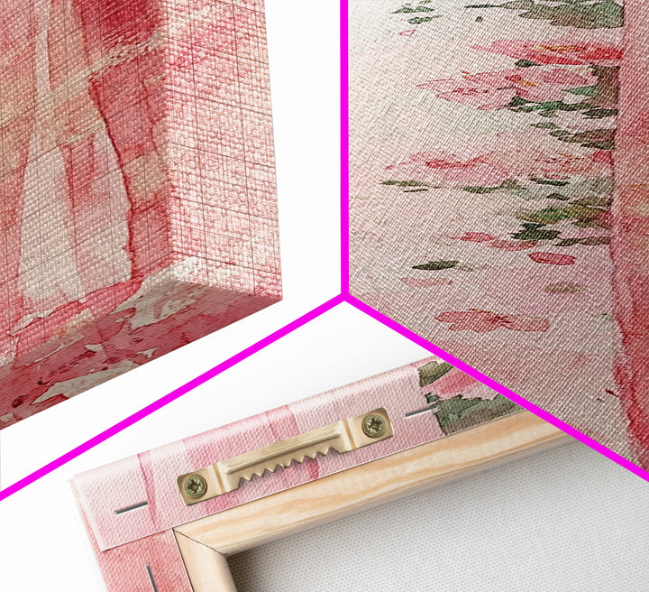 Pink Floral Curtains Framed Canvas Print Whimsical Art Light Pink Wall Art Vertical Wall Art Minimalist Art Rustic Decor Gift