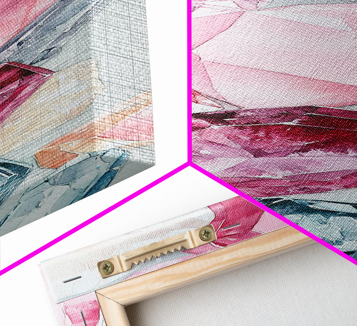 Gemstone Watercolor Painting Framed Canvas Print, Whimsical Pink Abstract Wall Art, Geometric Skinny Vertical Bedroom Art