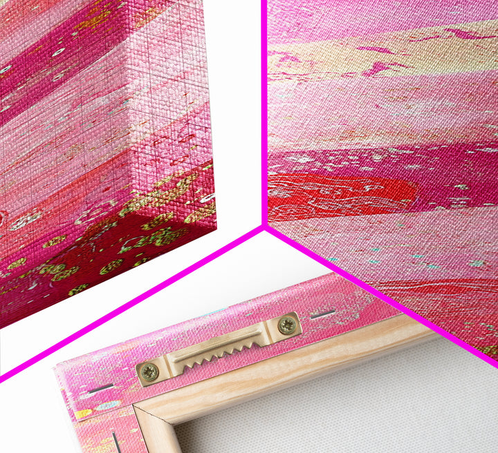 Pink and Gold Abstract Canvas Print, Whimsical Blotter Art with Metallic Accents, Vibrant Vertical Art for Bright and Creative Spaces