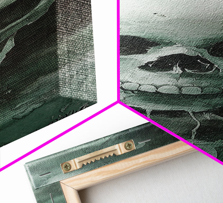 Minimalist Skull Canvas Print in Dark Green Tones, Wabi Sabi Art with Rustic Decor Style, Perfect for Unique Wall Art Accent